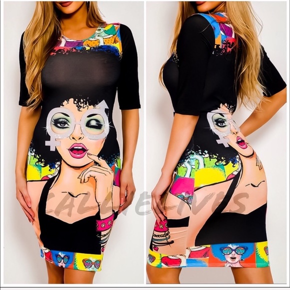 Callie Lives Dresses & Skirts - Miz Both Wayz: Crew Neck Graphic Bodycon Dress Med